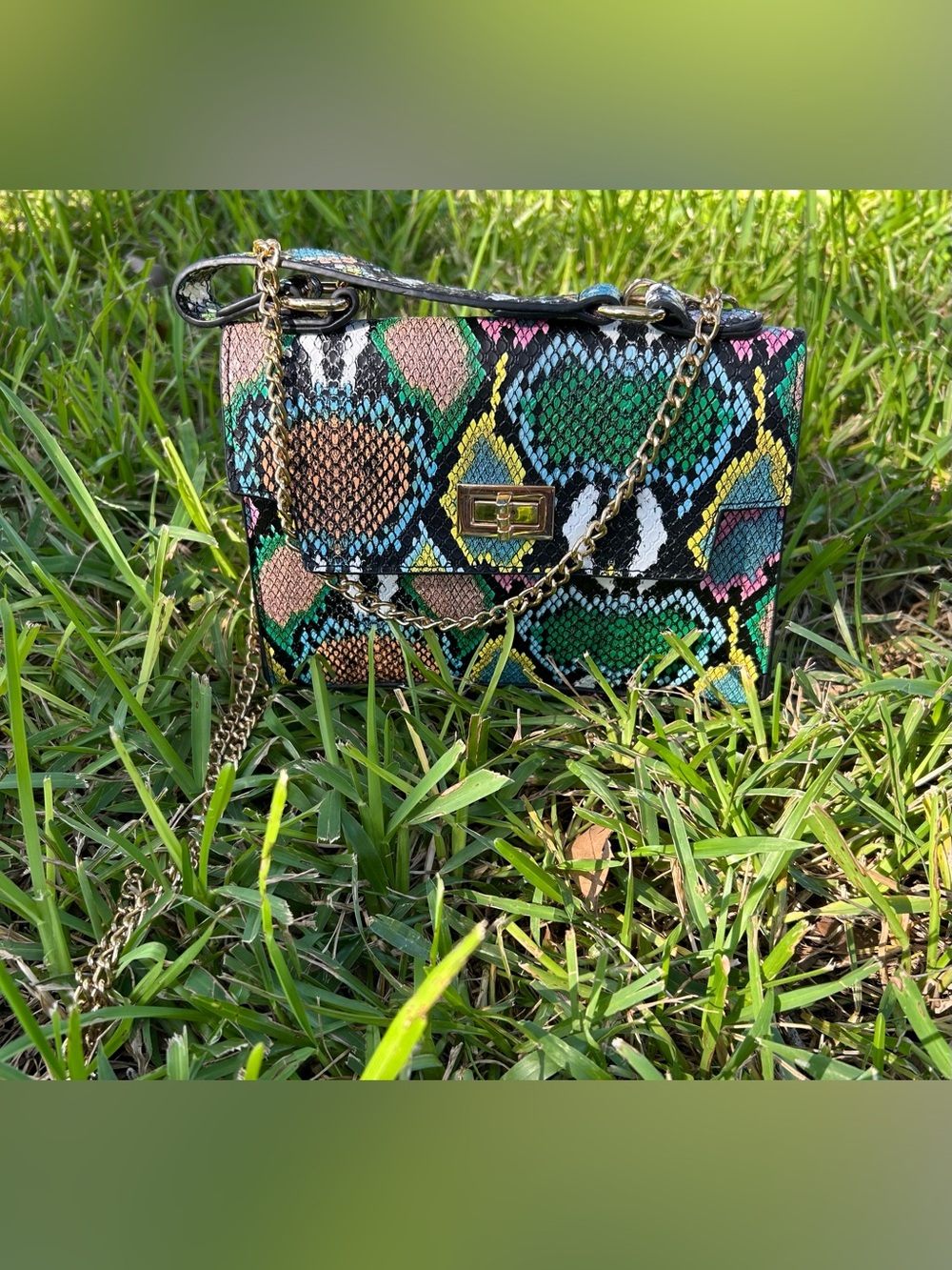Multicolor Snake-Print Chain Shoulder Bag
